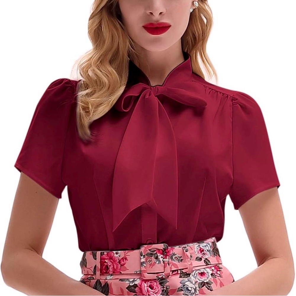 Belle Poque Bow Tie Button Down Blouse Shirt Georgette Short Sleeve